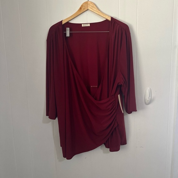 Kiyonna Red Asymmetrical Wrap Blouse 3/4 Sleeve - Picture 1 of 3
